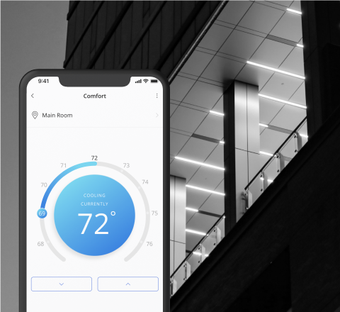 Mobile app comfort control setting room temperature to 72 degrees
